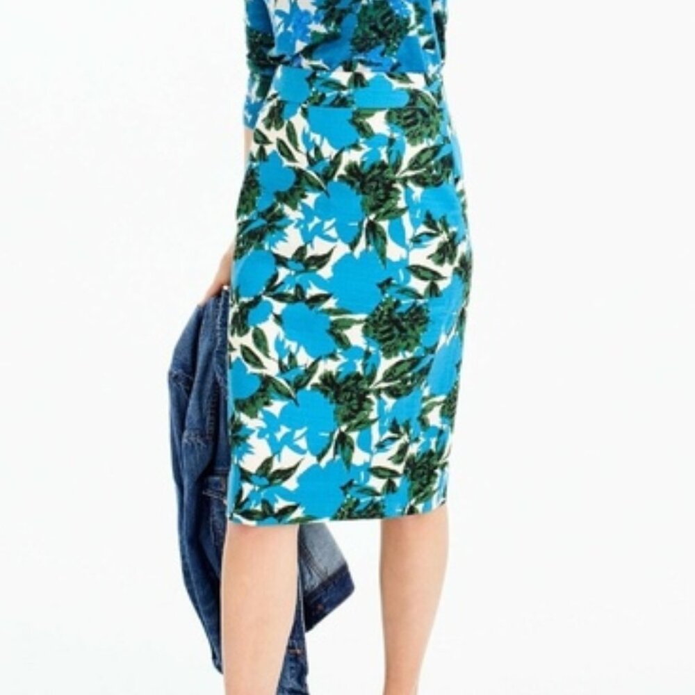 NWT J.Crew No. 2 Cotton Pencil Skirt Vibrant Teal Blue Floral Size 0 Petite